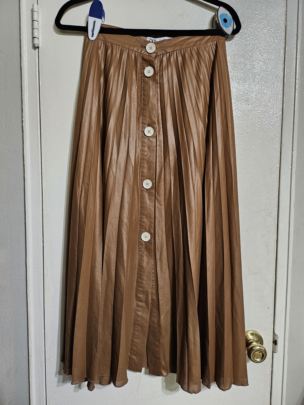 Pleated Brown Button-Front Midi Skirt
